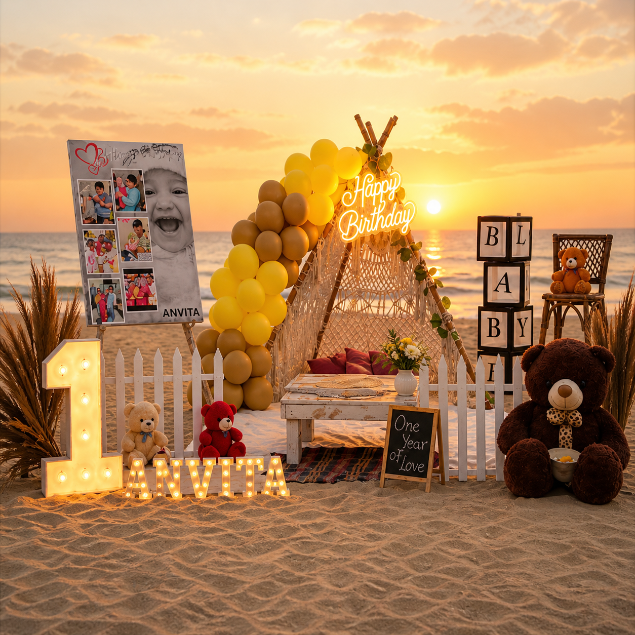 Boho Beach Baby Birthday Setup with LED Name & Neon Sign - GEP-BOHO-LED-9999