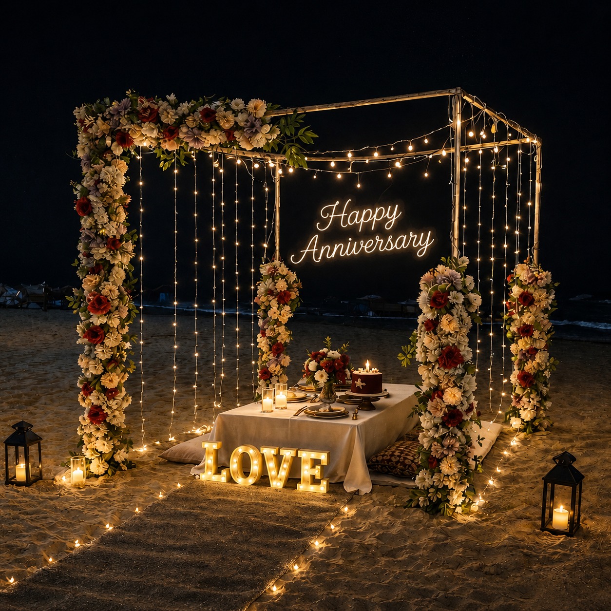 Beach Anniversary Cabana Setup with Fairy Lights & Floral Decor - GEP-ANNI-CABANA-9999