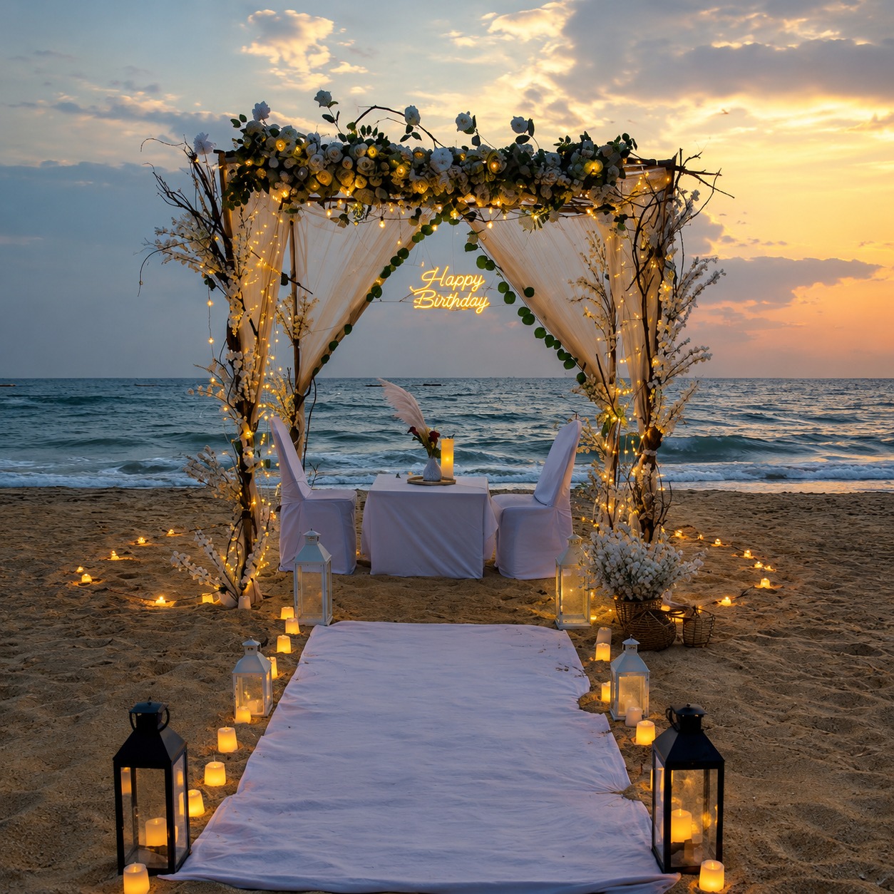 Sunset Romance Beach Dinner Setup with LED LOVE Letters - GEP-ROM-DIN-9999-V2