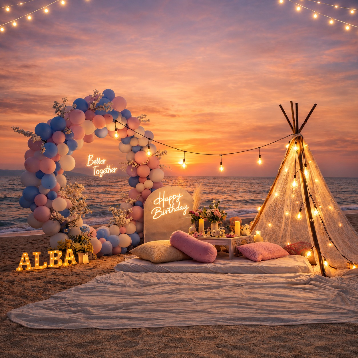 Luxury Beach Teepee Birthday Setup with Balloon Ring & Fairy Lights - GEP-LUX-TEEPEE-9999