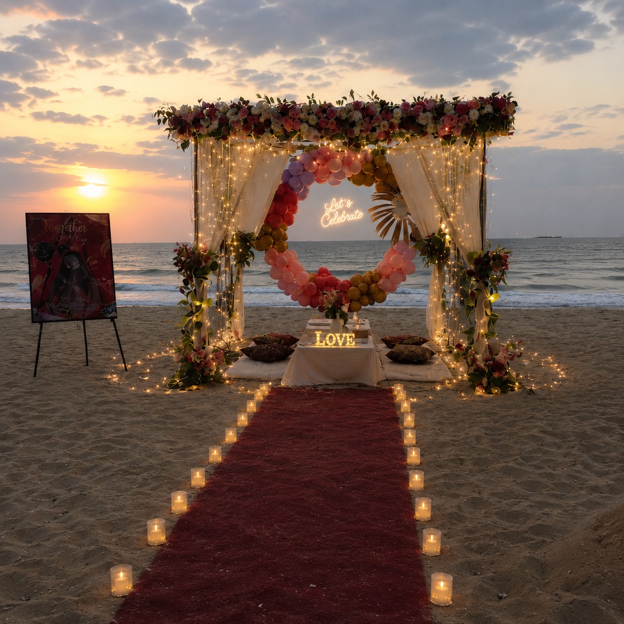 Beach Cabana Celebration Setup with Heart Balloon Ring & Pyro Effects - GEP-CABANA-12999